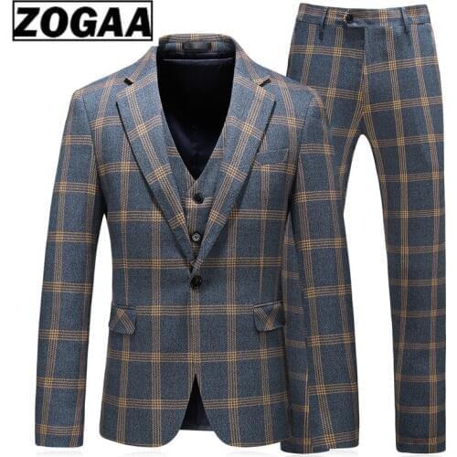 ZOGAA Fashion Plaid Designs Lapel Men Suit Tailor Made Groom Tuxedos Wedding 3 Piece Suits Best Man Blazer (Jacket+Pants+Vest) C