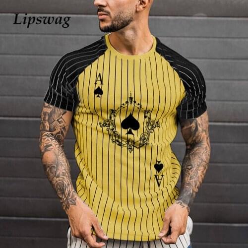 Mens tee shirtVintage Ace Of Spades Print Striped Tee Shirt For Men Casual Short Sleeve T Shirts 2021 Summer O-Neck Tops Fashion