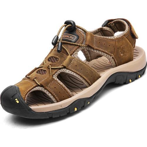 Men Roman Sandals Classic Summer Soft Sandals Comfortable Shoes Genuine Leather Sandals EVA Soft Outdoor Mesh Big Size Rubber
