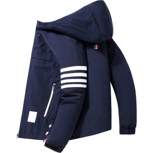 2021 Winter Men Down Jacket Hooded TB Striped Warm Coat Long Sleeve Zipper Thicken Pocket Short Slim Large Size