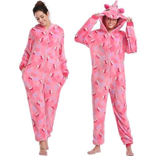 New Style for Autumn and Winter Flannel Adult Cartoon Animal Pajamas Pink Cute One - Piece Homewear Set for Men and Women