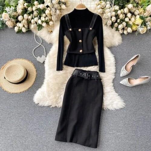 Slim Base Sweater + Short Suspenders + High-Waist Woolen Half Skirt Three-Pece Sets Female Winter New Suits
