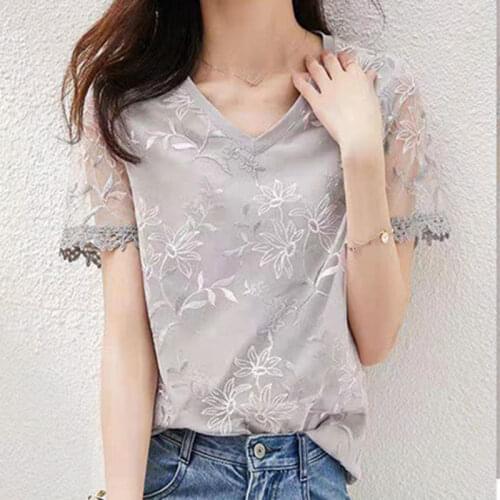 Embroidery Solid Women T-Shirts Summer New 2021 V-Neck Flare Sleeved Slim Sweet Style Female Pulls Tops Tees