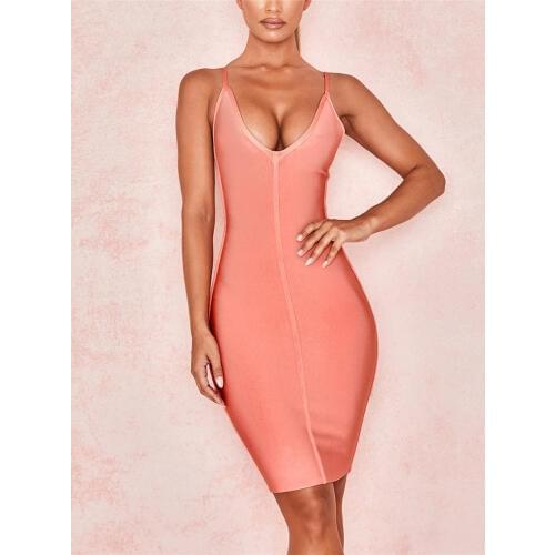 Orange New Strap V-Neck Tank Summer Dress Bodycon Women Bandage Dress Celebrity Night Club Party Dress