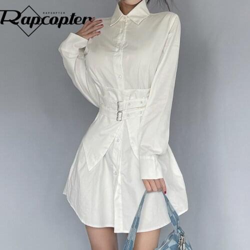 Rapcopter Solid Sashes Shirt Dress Turn Down Collar Elegant Mini Dress Button Long Sleeve Pockets Short Dress Women Casual Retro