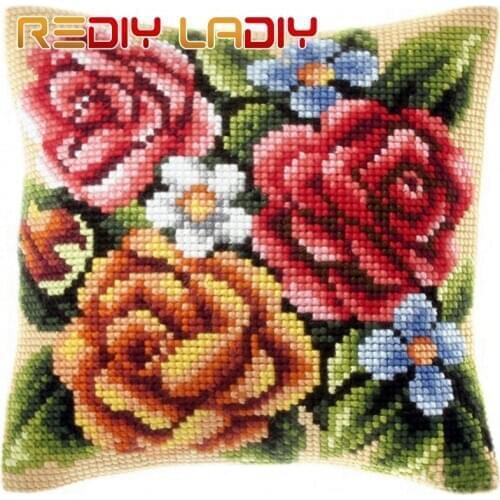 DIY Cross Stitch Cushion Poppy Tulips Dahlias Pillow Chunky Cross-Stitch Kits Acrylic Yarn Pillow Case Needlepoint Arts & Crafts