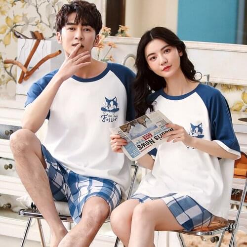Cute Personality Round Neck Cat Couple Home Wear Pajamas Summer Korean Color Matching Plaid Shorts Casual Plus Size Sleepwear