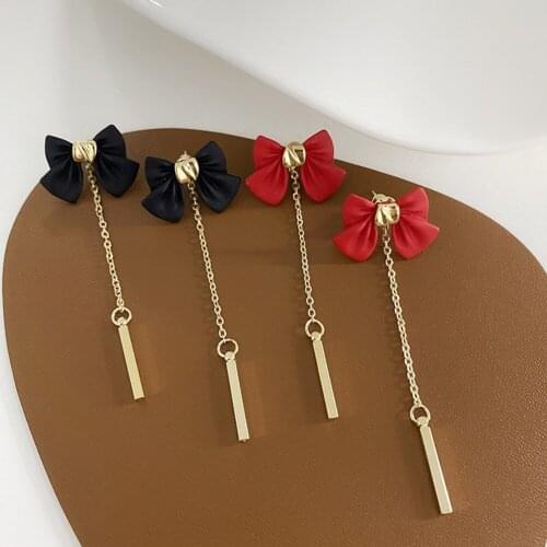 Korean New Personality Long Earrings With Black and Red Bows Tassels Elegant Fashion For Women Earrings