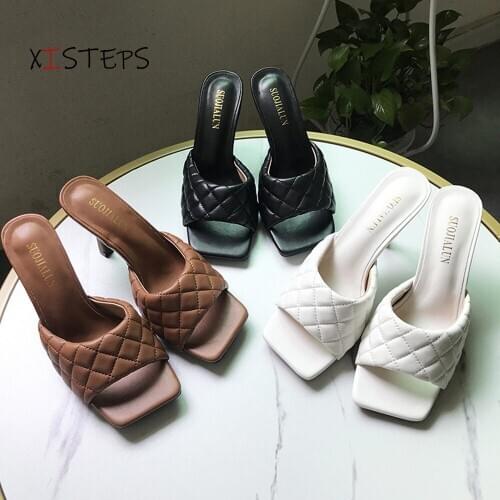 Summer Brand Design Women Slippers Elegant Square Toe Thin High Heels Slippers Summer Outdoor Beach Slides Shoes Mule Feminino