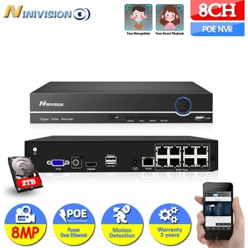NINIVISION POE NVR 4K 8MP 8CH Plug & Play 4K Video Recorder 8TB Interfaces 8 POE Port Onvif