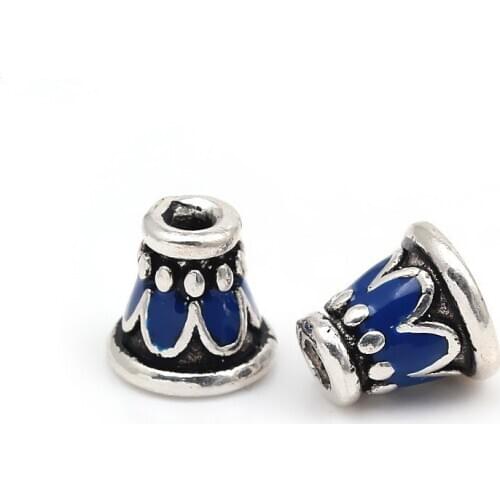 Thai Silver Buddha Pagoda with Cloisonne Red and Blue Color, DIY Jewelry 10.5*8 MM Tassel Caps, 10pcs/lot Wholesale