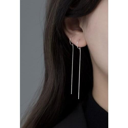 Thin Authentic Real 100% 925 Sterling Silver fine Jewelry black /gold circle ear-bone chain Earrings Tassel dangle C-G9266