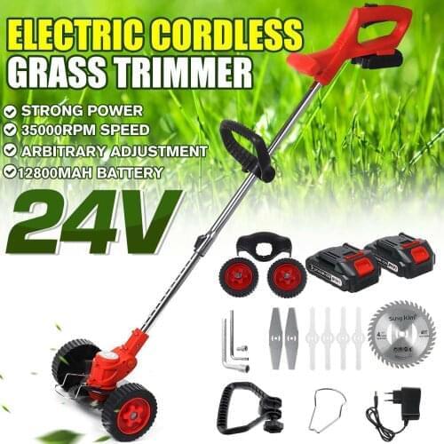24V 1880W Electric Grass Trimmer Cordless Powerful Lawn Mower Double Wheel Adjustable Garden Pruning Cutter Tools with 2 Battery