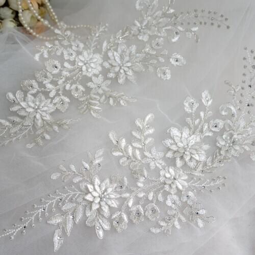 Mirror Pair Alencon Embroidery Mesh Sew On Lace Applique Silver Detailed Patch For Wedding Gown Decor Evening Dress DIY