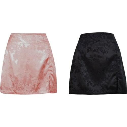 Hot Kf-2Pcs Womens Summer Elegant Jacquard Satin Short Skirt Sexy High Waist Skirt Retro Zipper Skirt,Pink & Black S Size