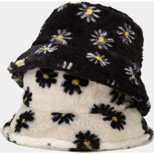 Women Hat Solid Artificial Fur Warm Female Cap Faux Fur Winter Bucket Hat for Women Sun Hat Daisy Embroidery Fisherman Hat