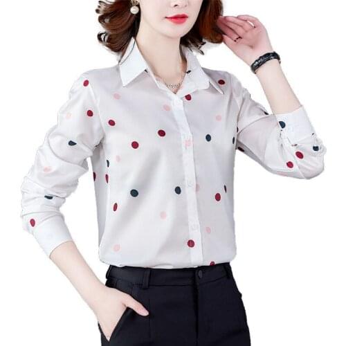 Womens Spring Autumn Style Chiffon Blouses Shirt Womens Polka Dot Long Sleeve Turn-Down Collar Button Korean Slim Tops DD9098