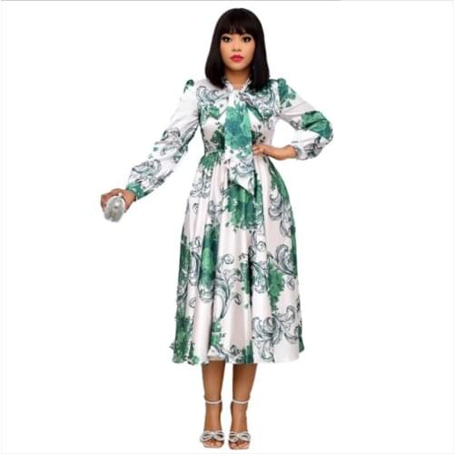 Women Long Sleeves Printed Dresses With Bowtie Collar Pleated High Waist Midi Elegant Ladies Fashion African New Vestidos Robes