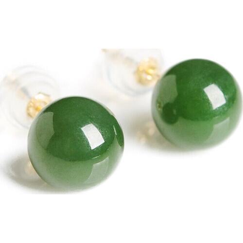 Womens S925 Sliver Earrings Natural Green Hetian Jade Nephrite Boll Studs Gift for Females Fine Jewelry