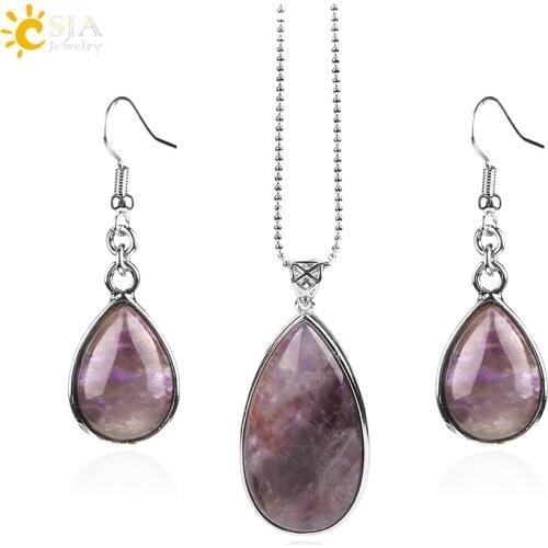 CSJA Women Boho Jewelry Sets Natural Gem Stone Water Drop Necklace Earring Set Lapis Lazuli Opal Pink Quartz Chakra Healing E567