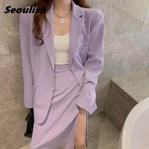 Seoulish 2021 New Summer Purple Womens Skirts Suits Single Breasted Loose Blazer&Sexy Split Wrap Skirt Casual Female Suits Sets