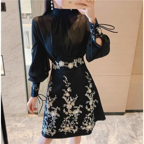 Fashion Suit 2020 Autumn Women Elegant Bowknot Collar See Through Chiffon Blouse Shirt+High Waist Beading Embroidery Mini Skirt