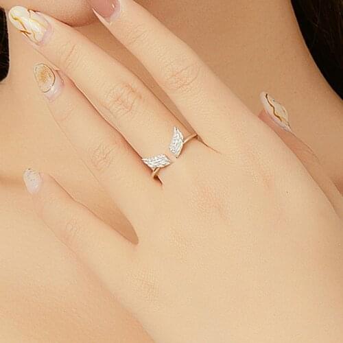 BISAER 925 Sterling Silver Angel Wings Openworked Finger Rings for Women Vintage Feathers Retro Wedding Jewelry EFR108