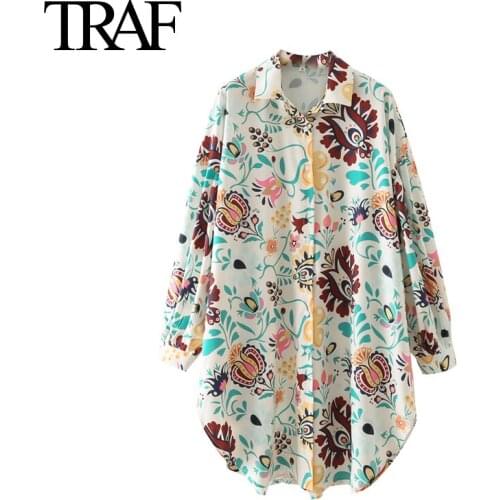 Traf Za Women Fashion Robe Vintage Floral Print Dresses Autumn Long Sleeve Button Up Big Shirt Dress Vestidos Mujer