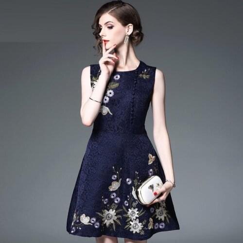 2020 Spring Summer European Style Woman Sleeveless Embroidery High Waisted Navy Dress , Dobby Flower Dresses for Woman