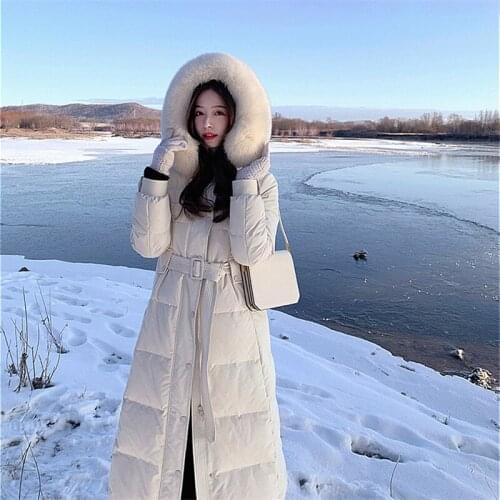 Winter Korean Version Hooded Down Cotton Coat Women Mid-Length Thick White Duck Down Parka With Big Fur Collar Jacket JD1733
