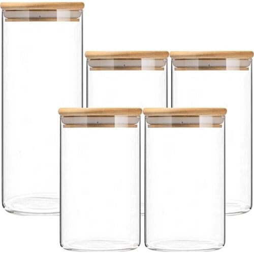 2/3/4/5/6/8pcs Durable Glass Sealed Can Food Storage Tank Bamboo Lid Tea Canister Glass Reusable Jar Tank Can for Grain Candy