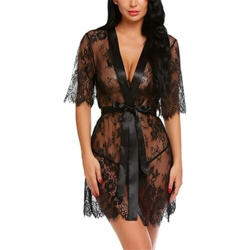2020 Women Hot Sexy Lingerie Lace Dress Deep V Neck See Through Underwear Black Babydoll Sleepwear and G-string Laies Plus Size