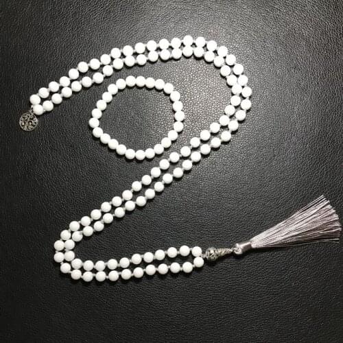 8mm Porcelain White Stone Beaded Knotted Necklace Meditation Yoga Blessing Jewelry Set 108 Japamala Tibetan Rosary