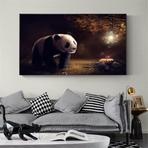 Abstract Art Panda Night Eat Forest Vintage Painting Canvas Pictures for Living Room Wall Decor Poster Cuadros Decoration