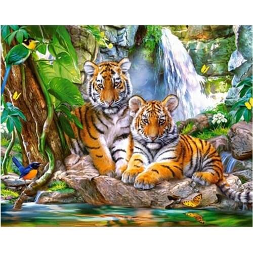 DIY Art Diamond Embroidery Painting "Animal Tiger Family" Diamond Mosaic Square Round Rhinestones for Family Auspicious Decorati