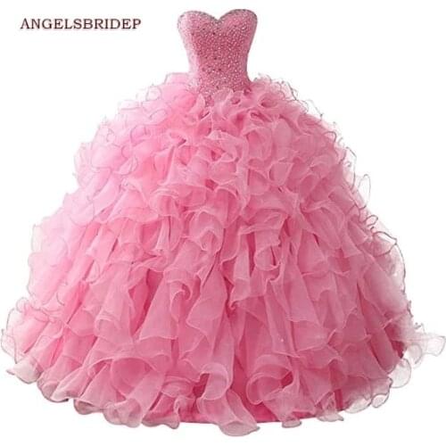 ANGELSBRIDEP Sweetheart Ball Gown Quinceanera Dresses Masquerade Formal Crystals Bodice Organza Princess Birthday Party Gowns
