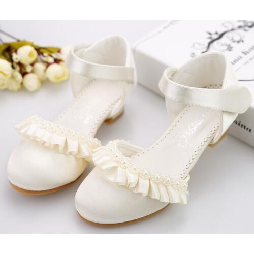 Children Princess Sandals Kids Girls Wedding Shoes High Heels Dress Shoes Bowtie Lace beading Shoes For Girls White Pink