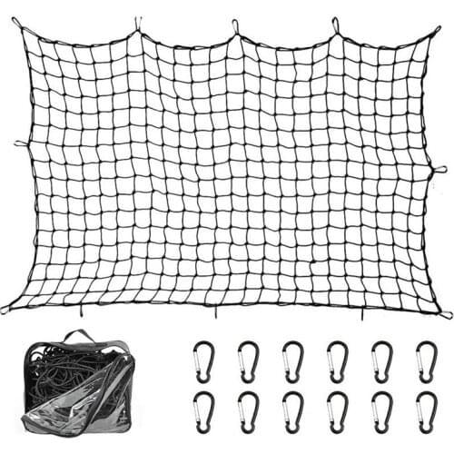 DHBH-Super Duty Bungee Cargo Net For Truck Bed Stretches To 12 D Clip Carabiners | Small Mesh Holds Small And Large Loads Tighte