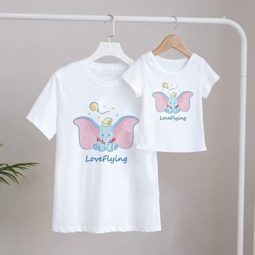 Disney Kawaii Cartoon Flying Elephant T Shirt For Family Children Summer White Tshirts Girls Boys Family Matching Clothes