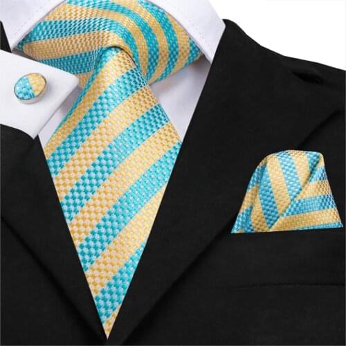 SN-3134 Men Tie Woven 100% Silk Necktie New Yellow Blue Striped Handkerchief Party Wedding Classic Fashion Pocket Square Tie Set