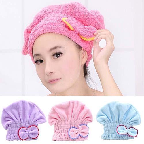 HOT SALE! Womens Hair Drying Hat Spa Towel Turban Cap Cute Bowknot Soft Coral Velvet Micro-fiber Home Hair Towel