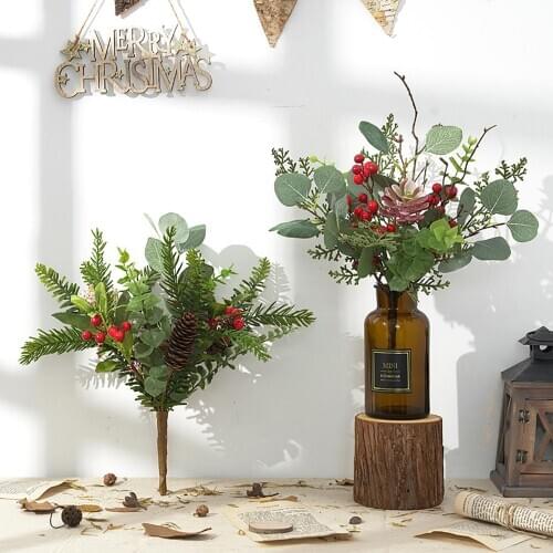 Artificial Flower Red Christmas Berry And Pine Cone With Holly Branches Christmas Decoration for Home Floral Decor Crafts
