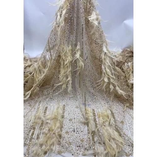 French beaded sequins with feathers high quality lace fabric 5 yards SYJ-218683 latest fashion embroidered tulle lace fabric