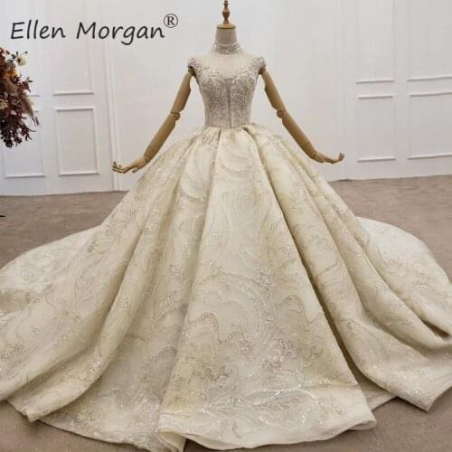 Luxury Lace Ball Gowns Wedding Dresses Gothic High Neck Cap Sleeves Open Back Crystals for Bridal Women Vestido De Noiva 2020