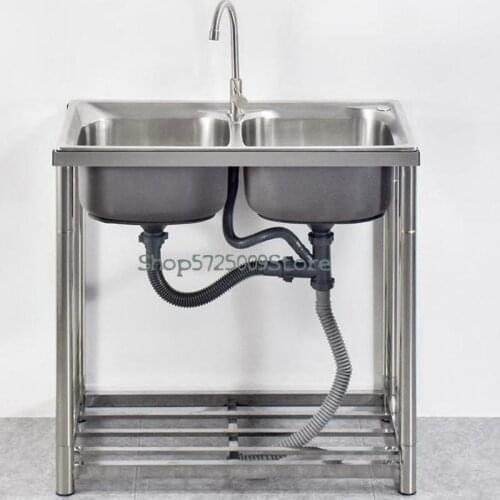 Kitchen Stainless Steel Sink, Sink, Sink, Single Slot With Shelf, Faucet, Floor Stand, Outdoor Double Slot