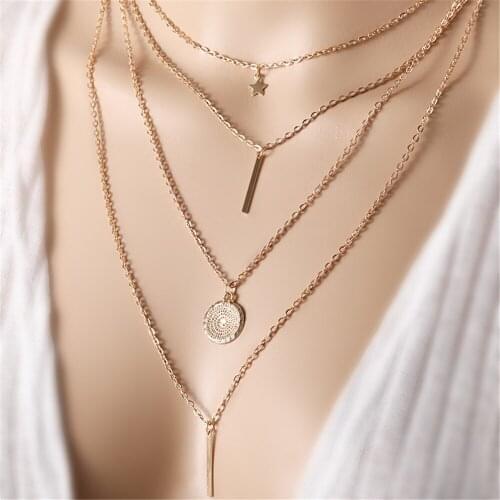Fashion Personality Five-pointed Star A Word Geometric Disc Metal Wind Multi-Layer Necklace Female Collarbone Necklace