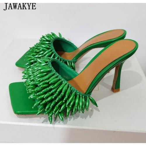 New Green String Bead High Heel Mules 2021 Runway Square Toe Stretch Summer Slides Real Leather One Strap Party Holiday Slippers