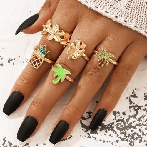 Tocona 5pcs/sets Boho Pineapple Gold Ring Sets for Women Coconut Tree Pretty Flowers Crysta Stone Summer Jewelry кольца 19692