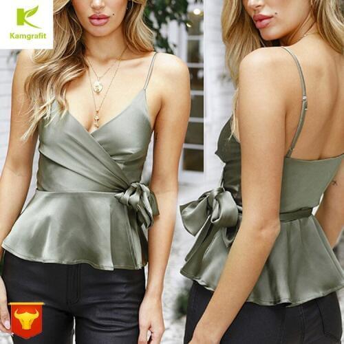 2020 Women New Sexy Silk Satin Lotus Leaf Side Suspender vest streetwear top women plus size lace tee sexy crop top QP045