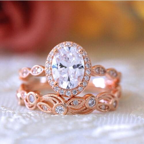 2021 new Hollow Pattern oval Shape zircona rose gold silver color wedding Ring set for engagement women bride jewelry R5024